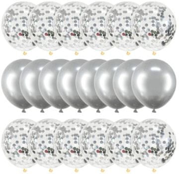 Camerazar Velika seja 20 srebrnih balonov s konfeti, prosojna in popolnoma prekrita s srebrom, latex, 30 cm
