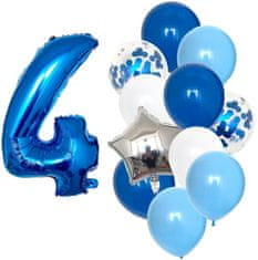 Camerazar Set 12 modrih balonov s konfeti in številko 4, lateks in folija, premer 25 cm, višina 82 cm