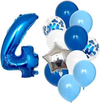 Camerazar Set 12 modrih balonov s konfeti in številko 4, lateks in folija, premer 25 cm, višina 82 cm