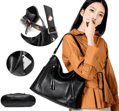 Camerazar Elegantna ženska torba s kovinskimi nitnimi detajli, črna, ekološka usnja, 29x39x14 cm