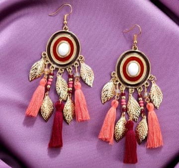 For Fun & Home Uhani z dolgimi resicami, zlat ton, kov in tkanina, 11 cm