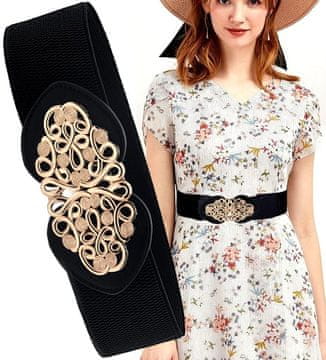 Camerazar Eleganten Ženski Elastični Pas, Črn z Zlato Vzorjem, Širina 6 cm, Dolžina 66-85 cm