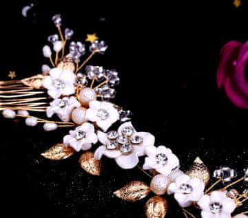 Camerazar Zlati poročni glavnik z belimi cvetovi, okrašen s kristali in biseri, 14x8 cm