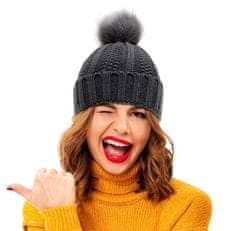 Camerazar Ženska topla zimska kapa z bobkom, grafitna, akrilni pleten, univerzalna velikost