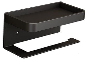 Camerazar Stenski nosilec toaletnega papirja s policou, nerjaveče jeklo, mat črna, 17,6x9,5x2 cm