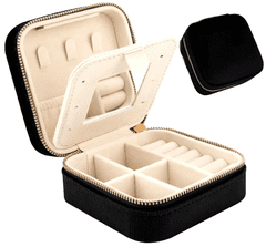 Camerazar Organizator za nakit z majhnim ogledalom, črni semiš, 10x10x5 cm