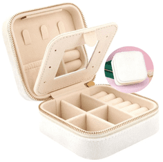 Camerazar Organizator za nakit s ogledalom, beli semiš, 10x10x5 cm