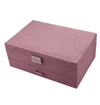 Camerazar Velika škatla za nakit s ključem in policami, roza semiš/plastika, 27x10,5x19 cm