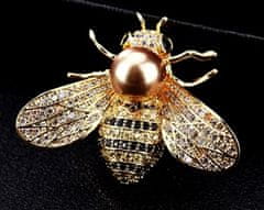 For Fun & Home Elegantna broža v obliki čebele s perlo in cirkoni, bižuternana zlitina, zlat color, 4x3 cm