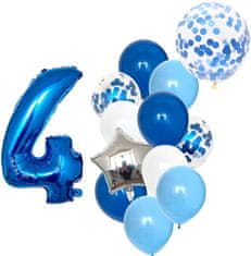 Camerazar Set 12 modrih balonov s konfeti in številko 4, lateks in folija, premer 25 cm, višina 82 cm