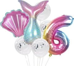 Camerazar Nabor 7 balonov s konfeti morska deklica, številka 6, lateks in folija, različne velikosti (25 cm - 81 cm)