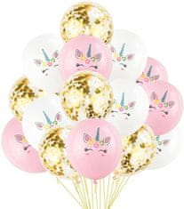 Camerazar 15 balonov Set, Unicorn Mix, Bela/Roza/Prozorna s Konfeti, Lateks, Premer 30 cm