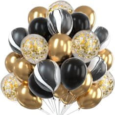 Camerazar Set 60 balonov v zlatih in črnih barvah s konfeti, lateks, premer 25 cm