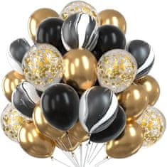 Camerazar Set 60 balonov v zlatih in črnih barvah s konfeti, lateks, premer 25 cm