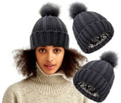 Camerazar Ženska topla zimska kapa z bobkom, grafitna, akrilni pleten, univerzalna velikost