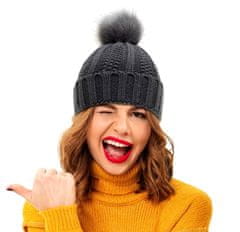 Camerazar Ženska topla zimska kapa z bobkom, grafitna, akrilni pleten, univerzalna velikost