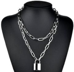 Camerazar Dolg punkovski necklace s ključavnico in ključem, srebrna kovina, 54 cm + 6 cm podaljšanje