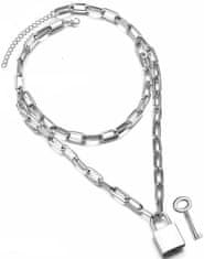 Camerazar Dolg punkovski necklace s ključavnico in ključem, srebrna kovina, 54 cm + 6 cm podaljšanje