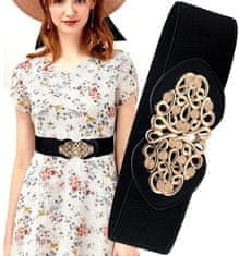 Camerazar Eleganten Ženski Elastični Pas, Črn z Zlato Vzorjem, Širina 6 cm, Dolžina 66-85 cm