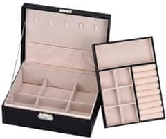 Camerazar Velik Organizator Škatla za nakit s ključem, črna eko usnje, 23x17x8.5 cm