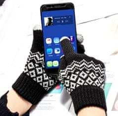 Camerazar Tople dame rokavice Nordic Pattern Touch, črne, akrilna preja, univerzalna velikost