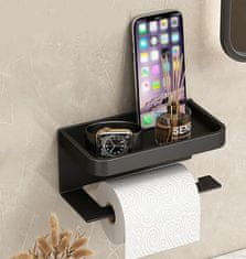 Camerazar Stenski nosilec toaletnega papirja s policou, nerjaveče jeklo, mat črna, 17,6x9,5x2 cm