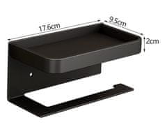 Camerazar Stenski nosilec toaletnega papirja s policou, nerjaveče jeklo, mat črna, 17,6x9,5x2 cm