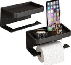 Camerazar Stenski nosilec toaletnega papirja s policou, nerjaveče jeklo, mat črna, 17,6x9,5x2 cm