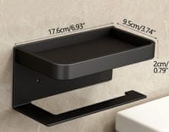 Camerazar Stenski nosilec toaletnega papirja s policou, nerjaveče jeklo, mat črna, 17,6x9,5x2 cm