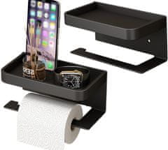 Camerazar Stenski nosilec toaletnega papirja s policou, nerjaveče jeklo, mat črna, 17,6x9,5x2 cm