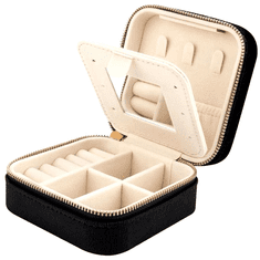 Camerazar Organizator za nakit z majhnim ogledalom, črni semiš, 10x10x5 cm