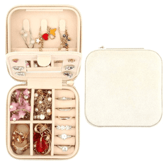 Camerazar Organizator za nakit s ogledalom, beli semiš, 10x10x5 cm