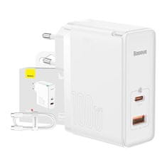 BASEUS Baseus GaN5 Pro omrežni polnilnik, USB-C + USB, 100 W + kabel (bel)