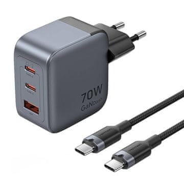 Vention GaN USB-C+C+A 70W Polnilnik + USB-C-C kabel 1m