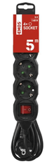 Emos podaljšek, 5 m, 4 vtičnic, s stikalom, PVC, 1,5 mm2, črn (PC1425R)