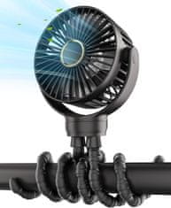 Netscroll Mini prenosni ventilator s fleksibilnim stojalom, 3 hitrosti, tiho delovanje, 360° rotacija, USB in baterijsko napajanje, za voziček, posteljo, avto ali potovanja, Octy