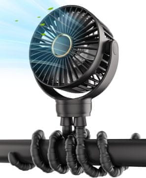Netscroll Mini prenosni ventilator s fleksibilnim stojalom, 3 hitrosti, tiho delovanje, 360° rotacija, USB in baterijsko napajanje, za voziček, posteljo, avto ali potovanja, Octy