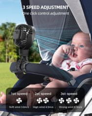 Netscroll Mini prenosni ventilator s fleksibilnim stojalom, 3 hitrosti, tiho delovanje, 360° rotacija, USB in baterijsko napajanje, za voziček, posteljo, avto ali potovanja, Octy