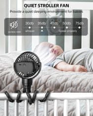 Netscroll Mini prenosni ventilator s fleksibilnim stojalom, 3 hitrosti, tiho delovanje, 360° rotacija, USB in baterijsko napajanje, za voziček, posteljo, avto ali potovanja, Octy