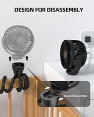 Netscroll Mini prenosni ventilator s fleksibilnim stojalom, 3 hitrosti, tiho delovanje, 360° rotacija, USB in baterijsko napajanje, za voziček, posteljo, avto ali potovanja, Octy
