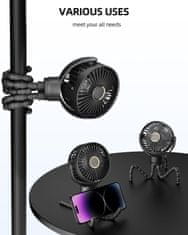 Netscroll Mini prenosni ventilator s fleksibilnim stojalom, 3 hitrosti, tiho delovanje, 360° rotacija, USB in baterijsko napajanje, za voziček, posteljo, avto ali potovanja, Octy
