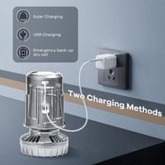 Netscroll 5v1 večnamenska solarna LED svetilka z ventilatorjem, zvočnikom, powerbank baterijo, kompasom, USB in sončno polnjenje, idealno za kampiranje in izpade elektrike, Fan