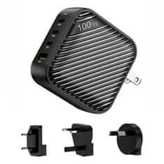 INVZI Mrežni polnilnik INVZI GanHub 3x USB-C + USB, 100 W, EU/UK/AU/US (črn)