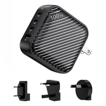 INVZI Mrežni polnilnik INVZI GanHub 3x USB-C + USB, 100 W, EU/UK/AU/US (črn)