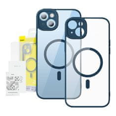 BASEUS Zaščitni komplet Baseus Frame prozoren magnetni etui in kaljeno steklo za iPhone 14 Plus (modra)