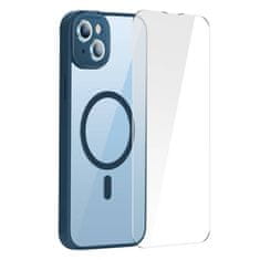 BASEUS Zaščitni komplet Baseus Frame prozoren magnetni etui in kaljeno steklo za iPhone 14 Plus (modra)