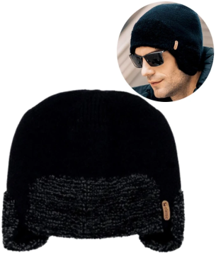 Camerazar Unisex topla zimska športna kapa z ušesnimi zaščitami, črna, akrilna preja, 21x25 cm