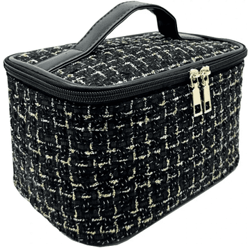 Camerazar Eleganten črni kozmetični kovček z zlatimi nitmi, poliester, 21,5 x 12 x 15 cm