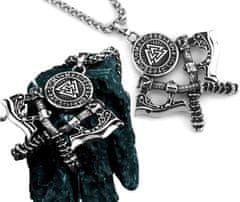 Camerazar Ogrlica z nordijskimi simboli, amulet sekire, srebrna barva, kirurška jeklo, 60 cm