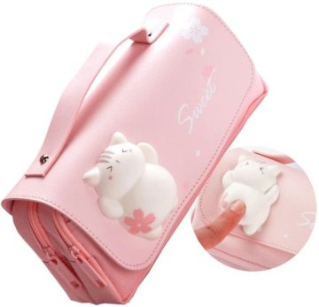 Camerazar Troslojni šolski etui z mačjim motivom, modra kakovostna umetna usnja in tkanina, 21x10x6 cm